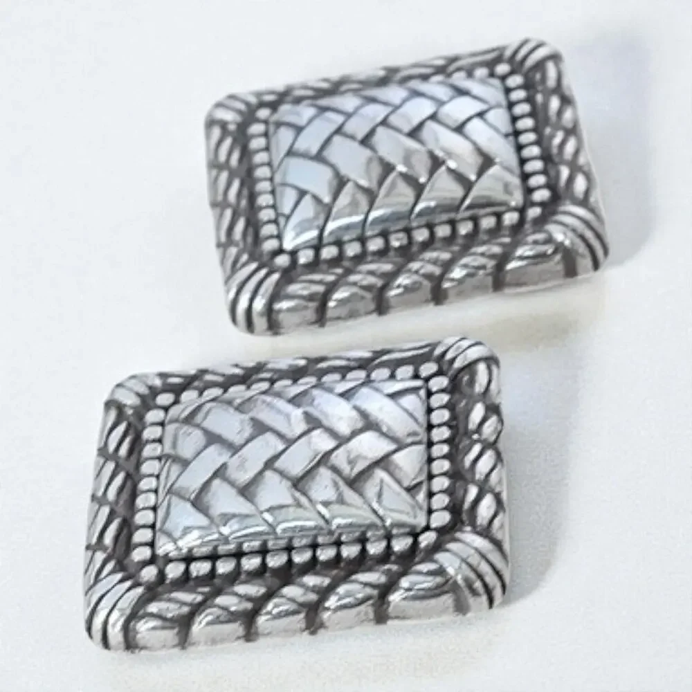Brighton Vintage Rectangular Woven Clip On Earrings Silver Plated Retired